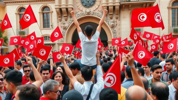 Tunisia state of emergency extension protest, crowd with flags.