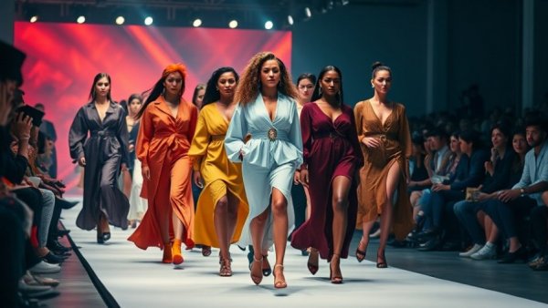 Rethink fashion consumption: vibrant runway show with diverse models.