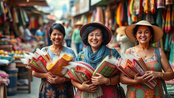 Resumption of transport on Lake Tanganyika with women carrying colorful fabric bundles, smiling in a market scene.