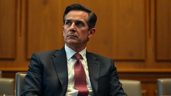 Person seated formally, thoughtful expression, wood-paneled background.