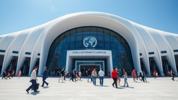 Entrance to World Governments Summit 2026, futuristic venue.