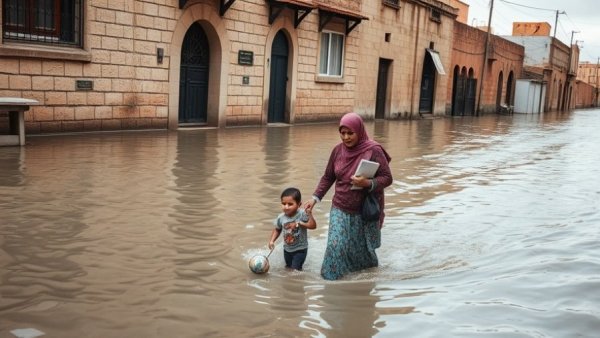 Flood in Northern Morocco, woman and child evacuating.