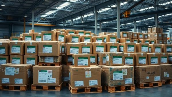Humanitarian aid packages labeled UAE, in warehouse for Gaza shipment.