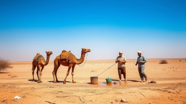 Men with camels collecting water during a drought in Kenya.
