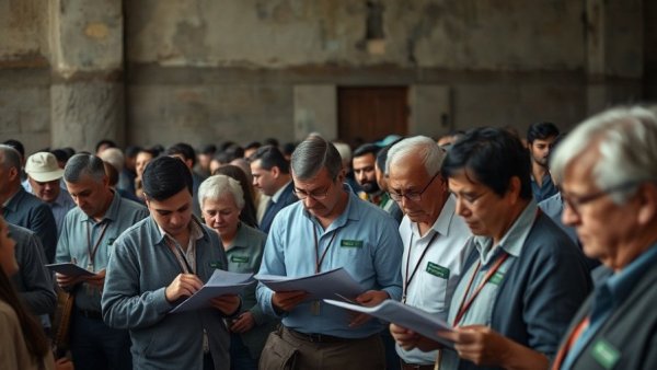 Election officials recording results in a crowded room.