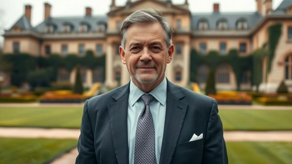 Serene middle-aged man in formal wear at historic site, Louvre Heist Accountability.