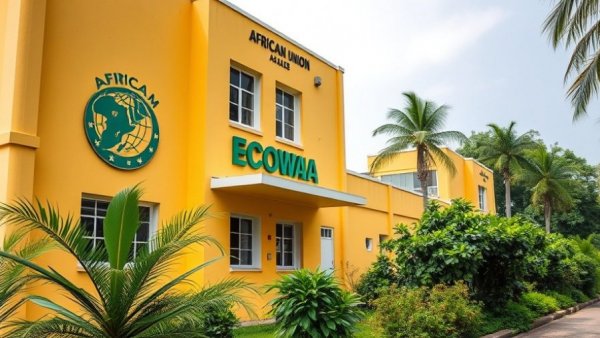 Yellow building with African Union and ECOWAS signage in Guinea.
