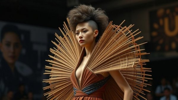 Model at Benin's arts festival in avant-garde fashion on runway.
