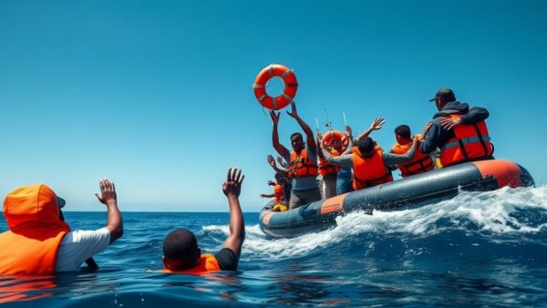 Migrants on Mediterranean route reaching for life jackets.