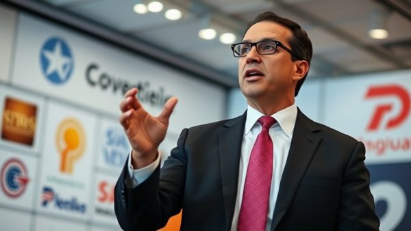 Formal speaker gesturing at a press conference, conveying determination.