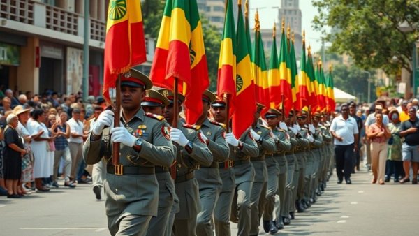 Ethiopian soldiers' parade signifies federal government war preparations.