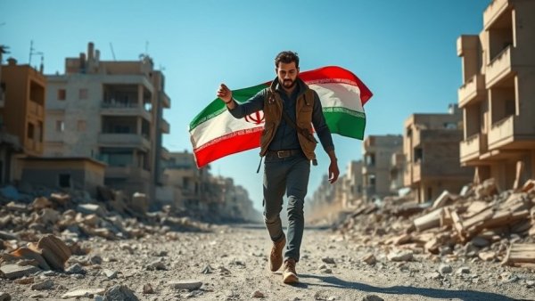 U.S. threats impact on Iran depicted by a man with Iranian flag amid devastation.