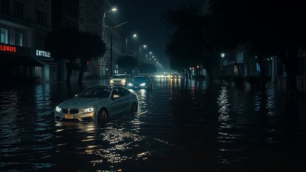 Nairobi flood crisis at night with submerged cars.