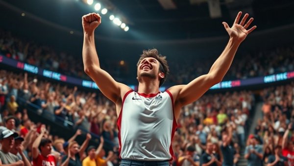 Athlete celebrates victory with crowd in arena, millionaire exodus