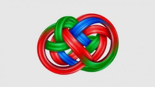 Colorful abstract interwoven design with red, blue, green lines.