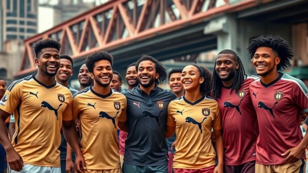 Diverse athletes in Puma football kits celebrating under a bridge.