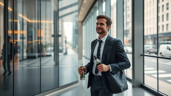 Businessman indoors with bottle and bag, urban street view.