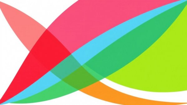 Colorful abstract arcs graphic with red, blue, green elements.