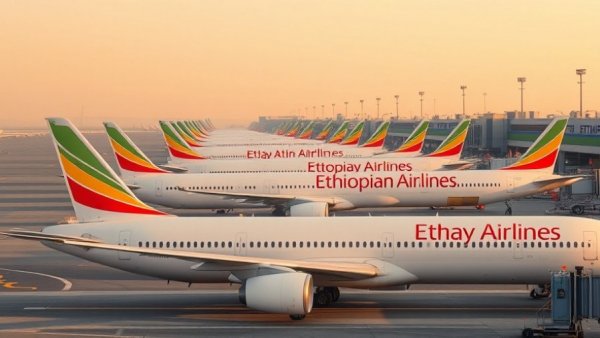 Ethiopian Airlines planes parked at an airport in morning light.