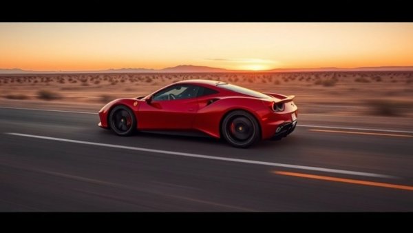 Sleek red sports car speeding on open road in cinematic style.