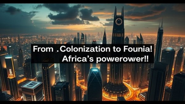 Futuristic African skyline with skyscrapers at night, vibrant lighting.