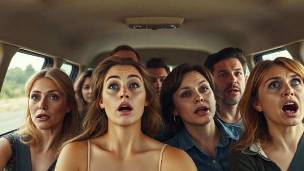 Diverse group shocked by declining population trends inside a vehicle.