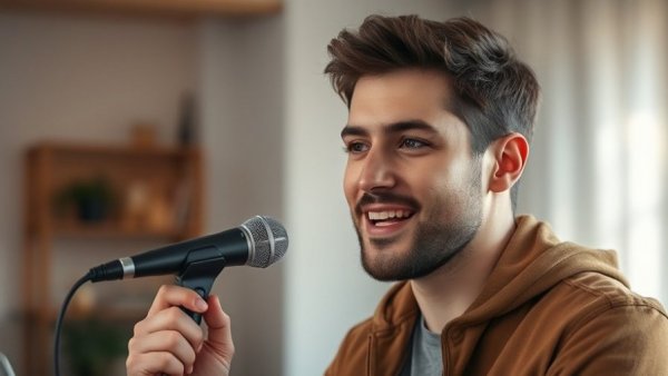 Young man discussing tax credit scam, speaking into microphone.