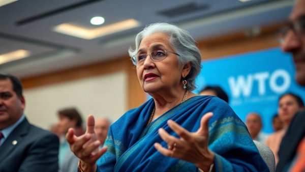 Elderly woman speaking at WTO conference; implications for Africa.