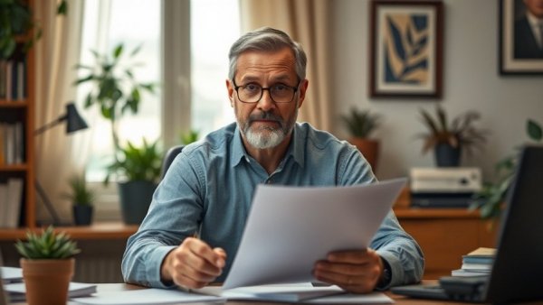 Concerned man examining documents about root canals, warm office environment.