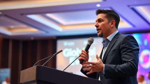Confident speaker at global conference podium