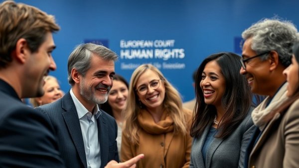 Diverse group at European Court backdrop discussing IOC ban on transgender women.