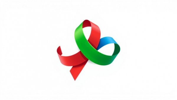 Abstract symbolic ribbon design intertwining in blue, red, green against white.