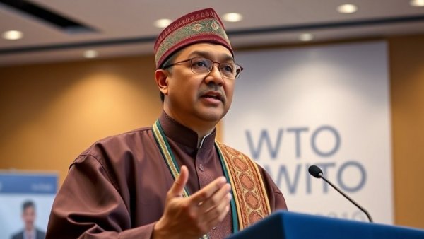 WTO trade challenges discussed by speaker in traditional attire.