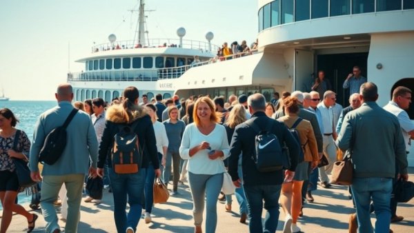 Migrants disembarking from a ferry in a busy port scene.