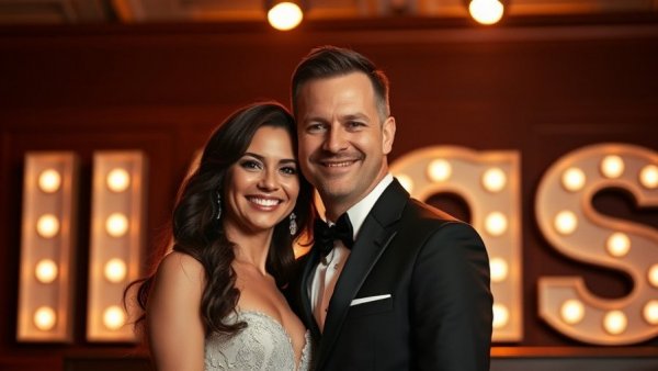 Couple at Broadway event, formal attire in spotlight.