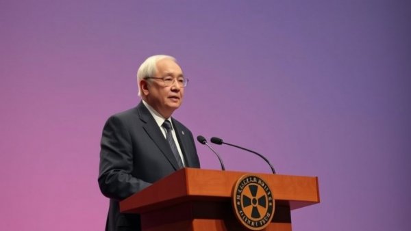 Elderly man delivering speech at nuclear energy summit.
