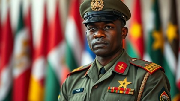 Burkina Faso military officer serious amid flags, related to human rights.
