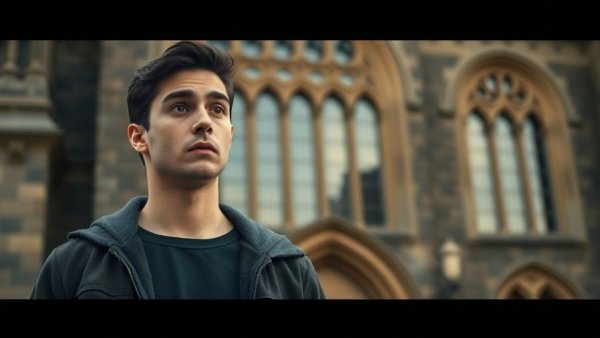 The Intricate History and Influence of Cats Globally: Surprised man by historic stone building.
