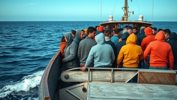 Migrant Channel Crossings: A group on a large boat in calm waters.