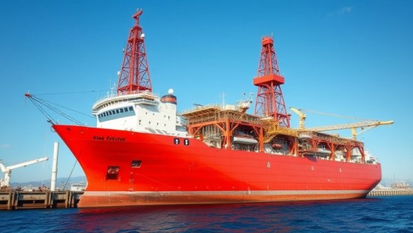 Offshore oil drilling vessel in Somalia port, clear sky.