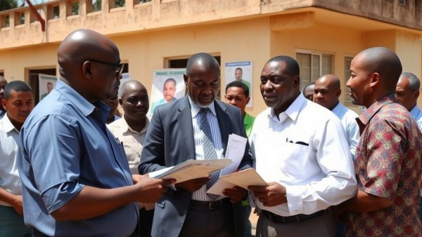 Officials discuss ongoing Benin 2026 election results outside.