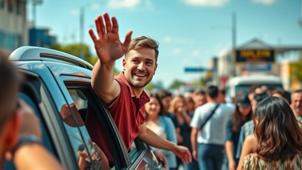 Benin presidential election results celebration with a man greeting crowd from car.