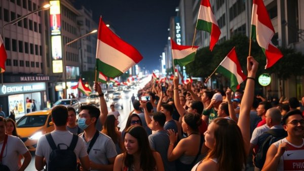 Fans celebrating in the street at night with flags, vibrant scene.