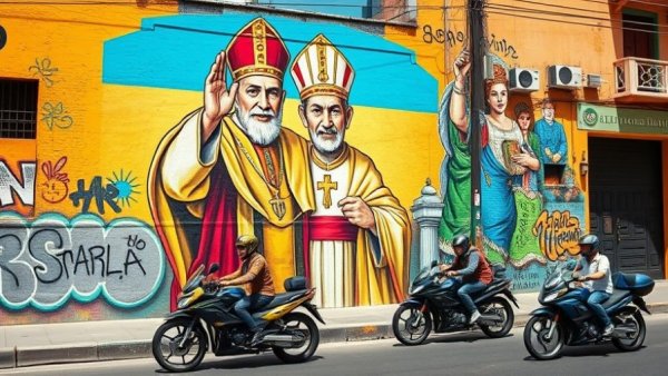 Mural of Pope Leo XIV waving in Angola, motorcyclists passing.