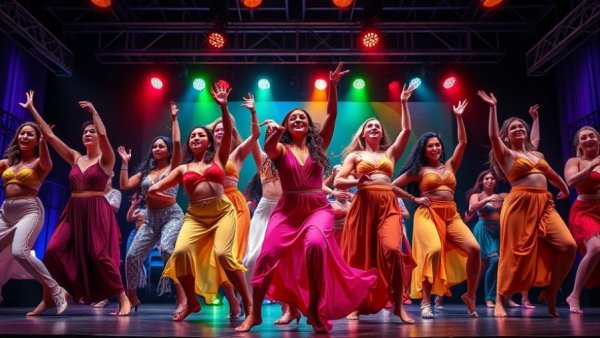 Dynamic dancers performing energetically, vibrant stage lights, Tribute to Abidjan's urban culture.