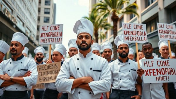 Chefs protesting xenophobia in South Africa, holding signs.