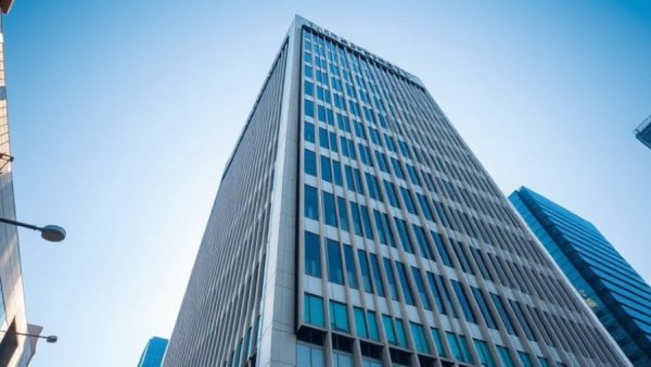 Modern building of aviation safety organization, low-angle view.