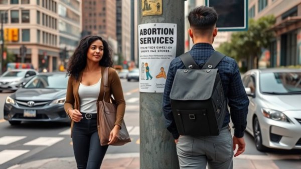 Urban street scene with abortion services poster in Kenya