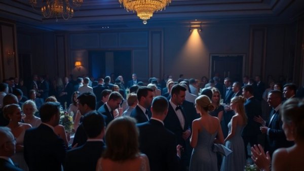 Elegant gathering at formal event with guests mingling in ballroom.