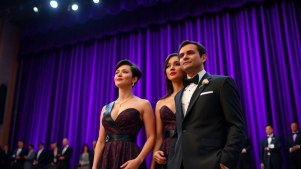 Prominent figures at formal event under vibrant lighting.